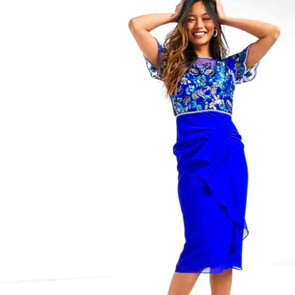 ASOS Blue Embellished Sheer Asymmetrical Dress - Picture 3 of 16
